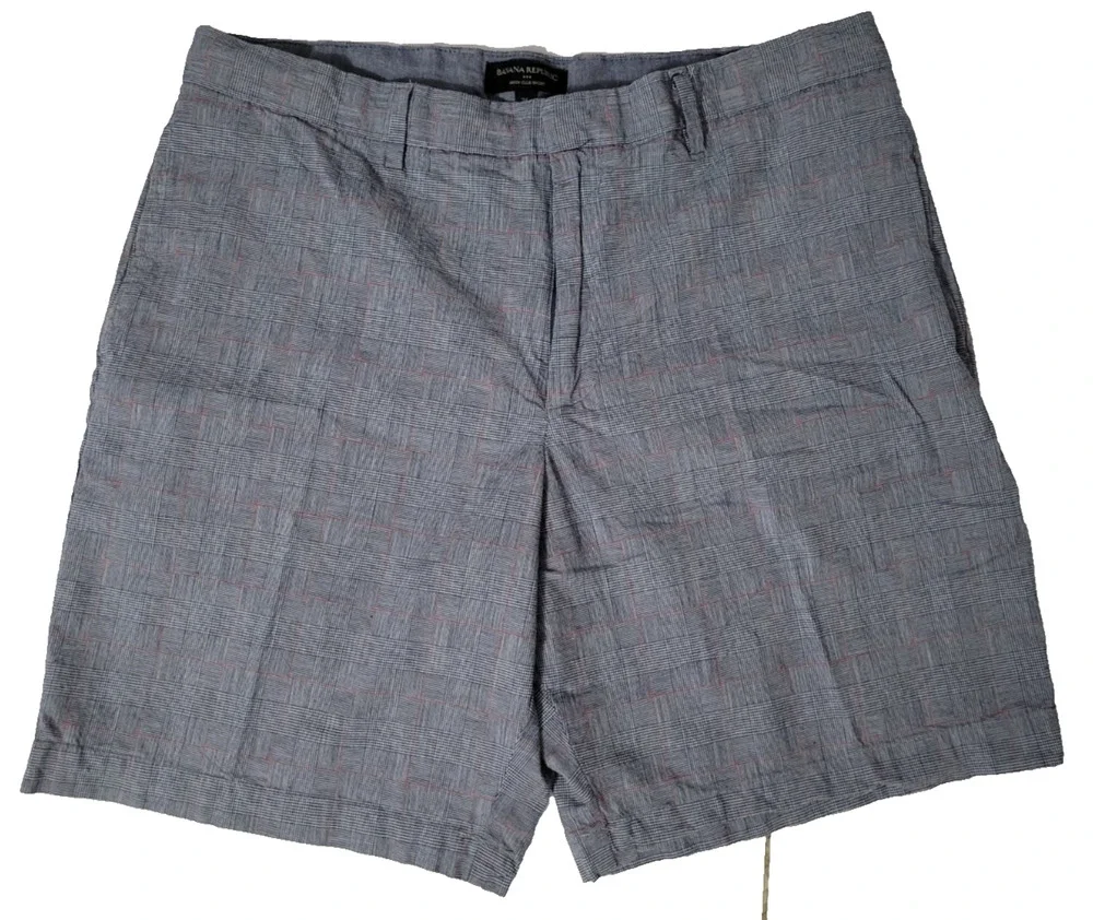 Banana Republic Aiden Club Shorts Men's 36 Gray Blue Glen Plaid Stretch Preppy